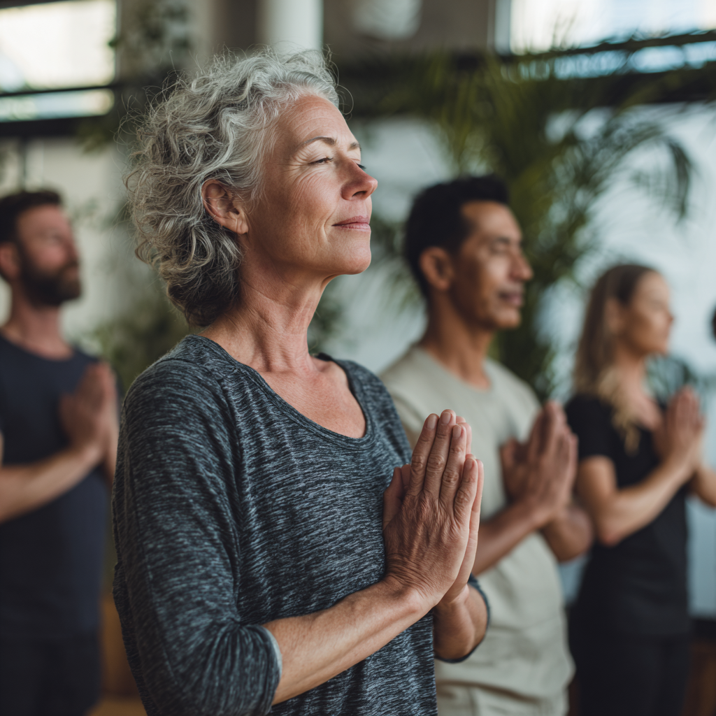 group of middle-aged adults practicing mindful movement in peaceful indoor environment