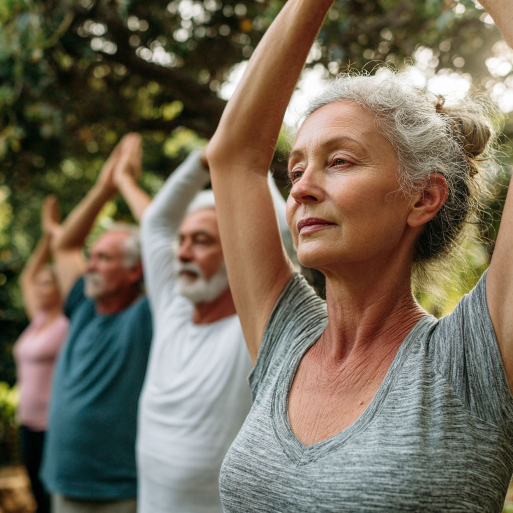 middle-aged adults practicing gentle movement exercises in natural outdoor setting